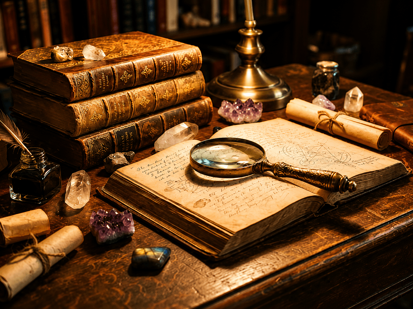 Occult inquiry with magnifying glass and crystal