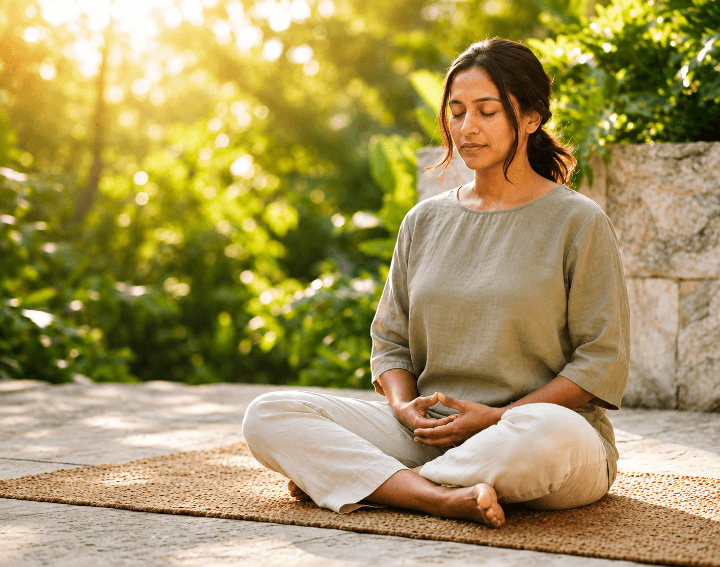 A peaceful moment of meditation in warm natural light