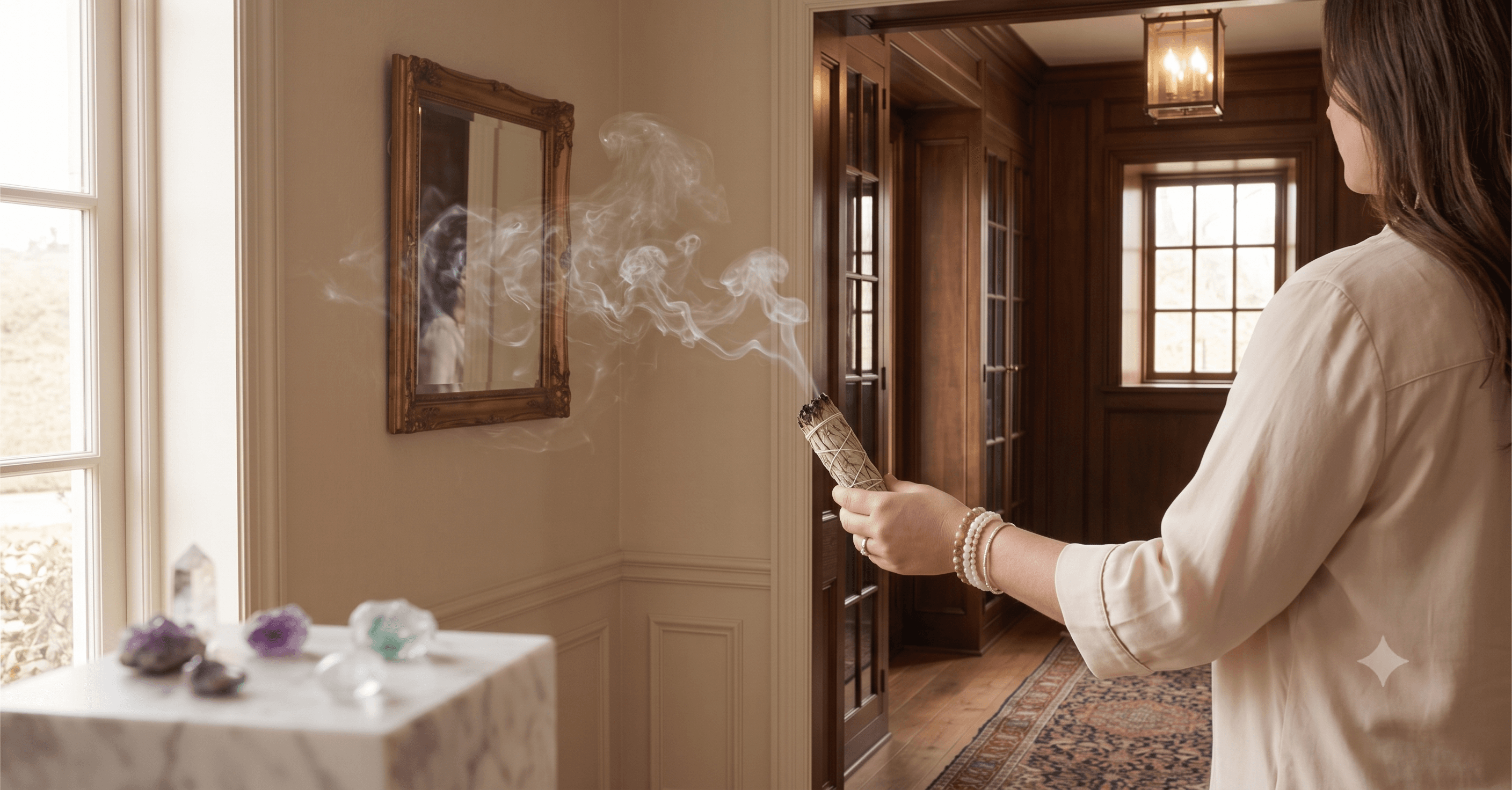 Hands clearing energy in a warm sanctuary space