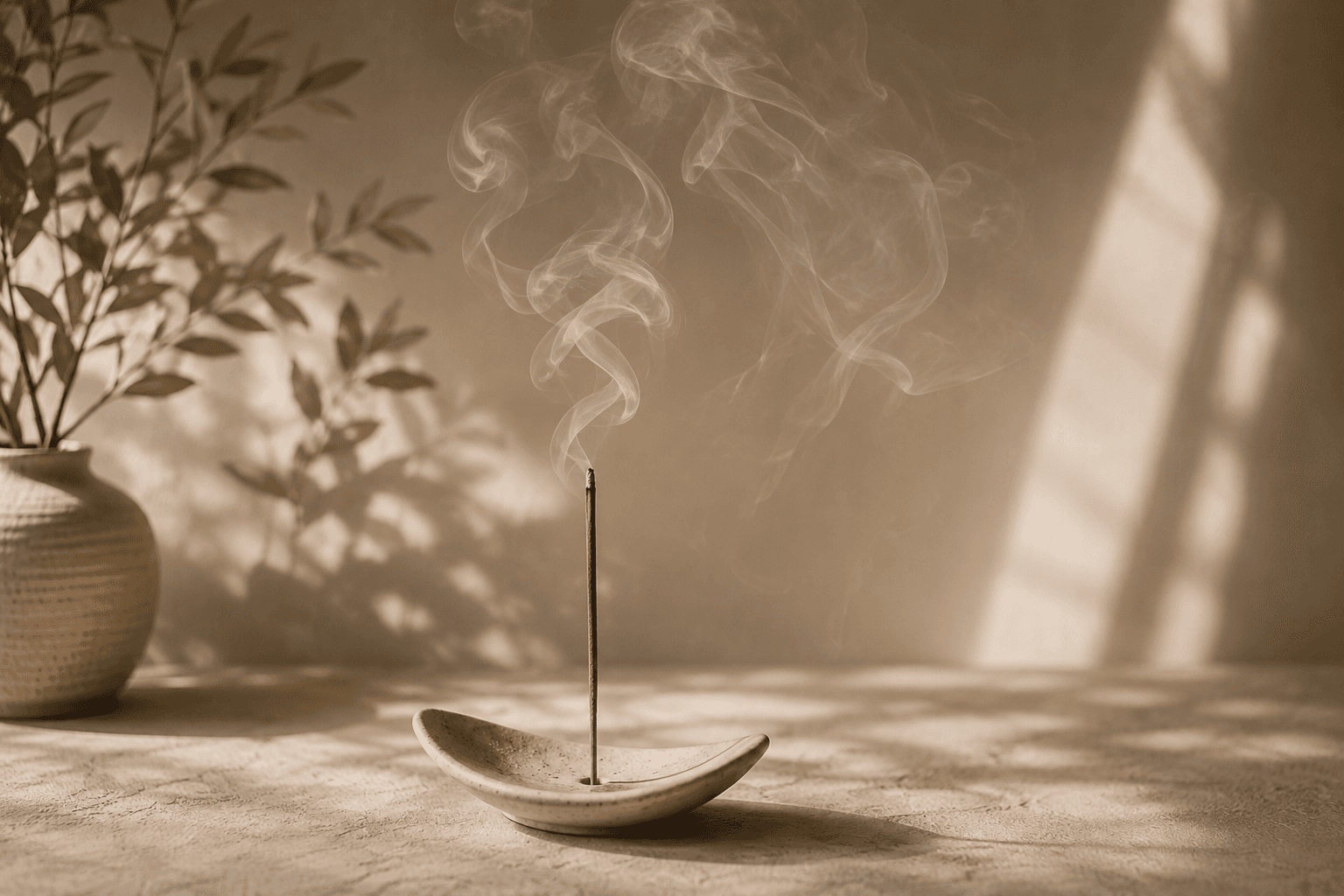 Incense smoke rising from a ceramic holder in warm morning light