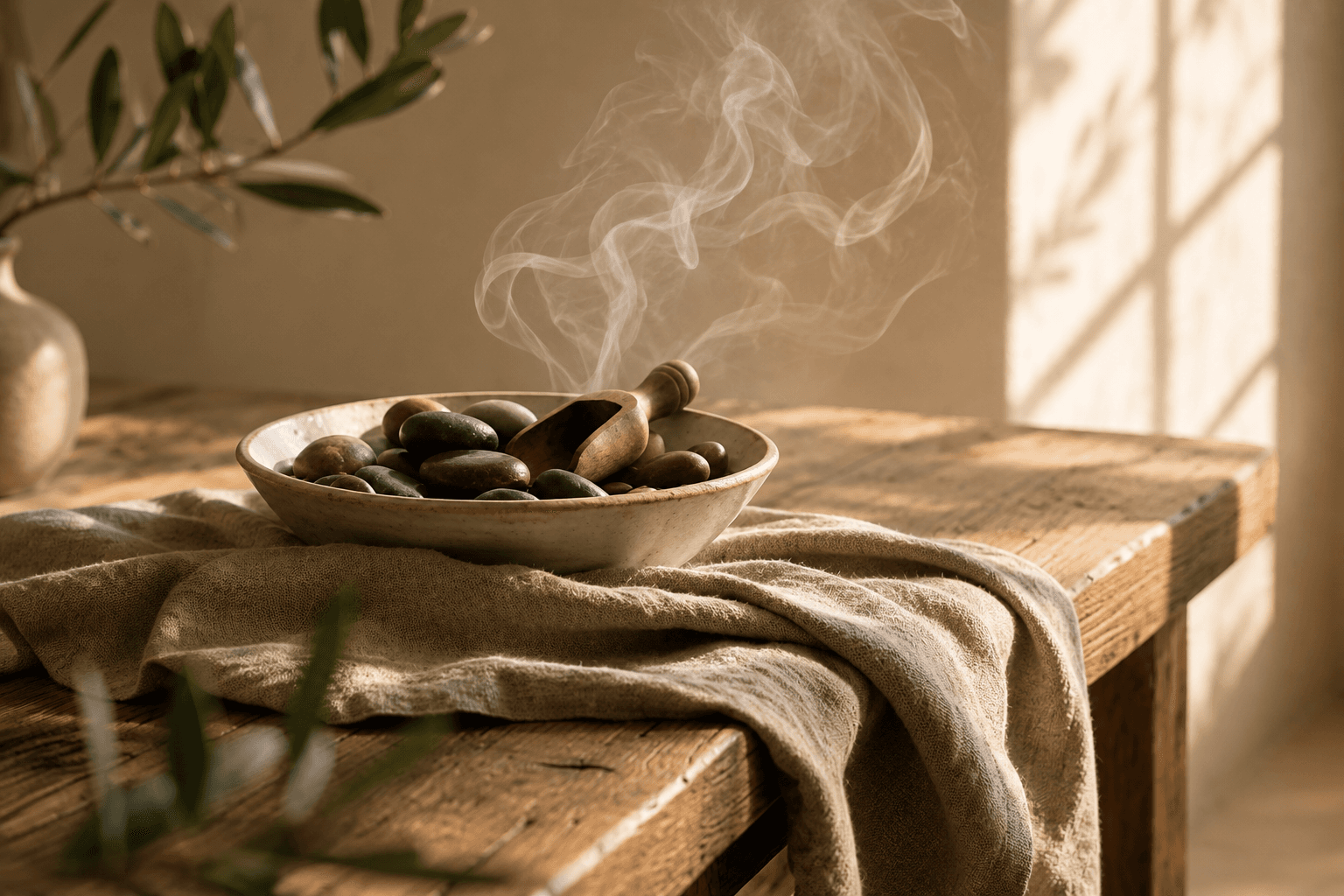 Ceramic bowl of river stones with incense smoke in warm morning light