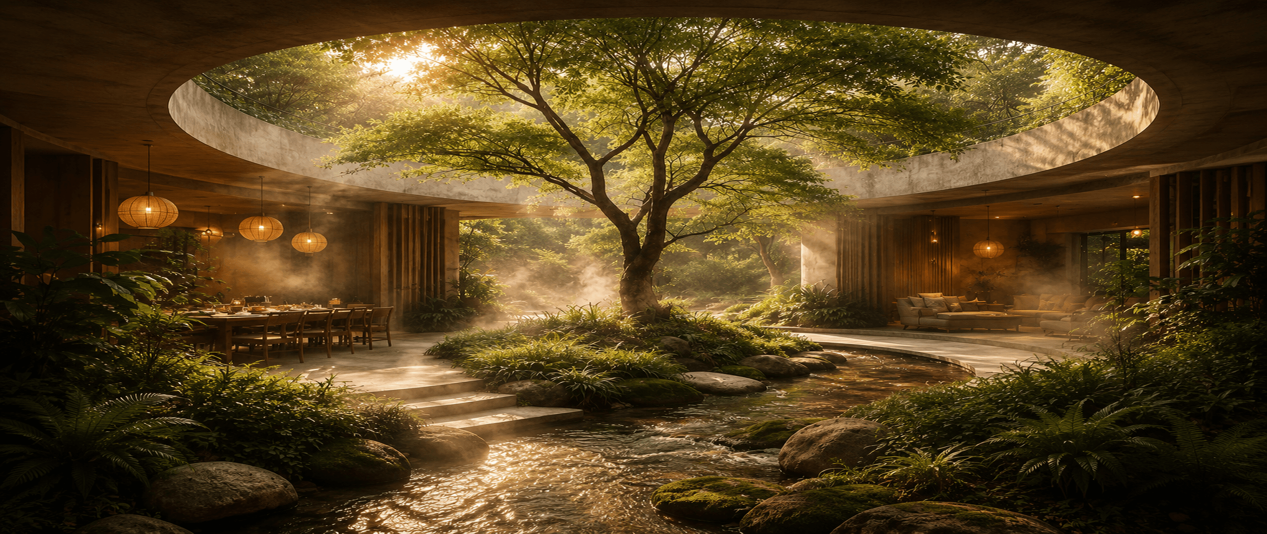 Tree growing through a circular sanctuary opening in misted forest light