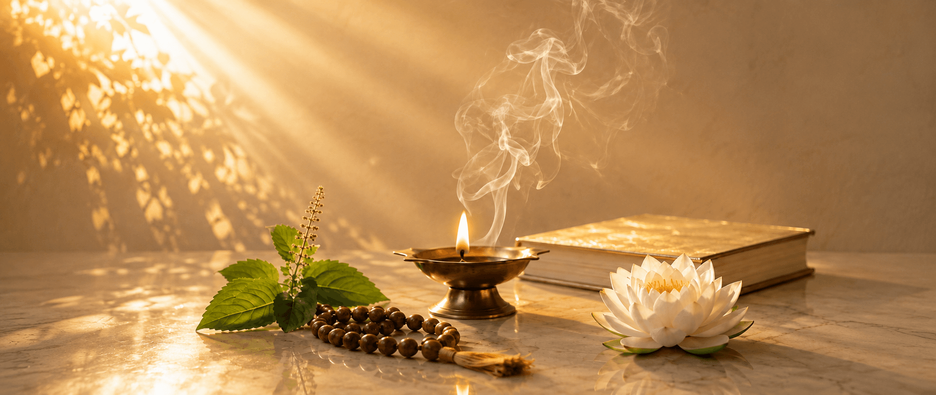 Sacred altar with diya, lotus, mala, and tulsi in warm morning light