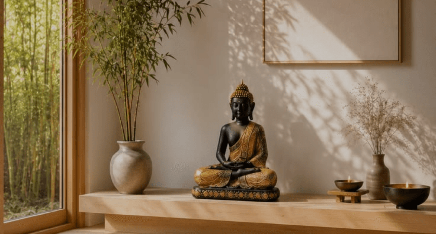 A peaceful sanctuary with Buddha statue, candles, and natural light