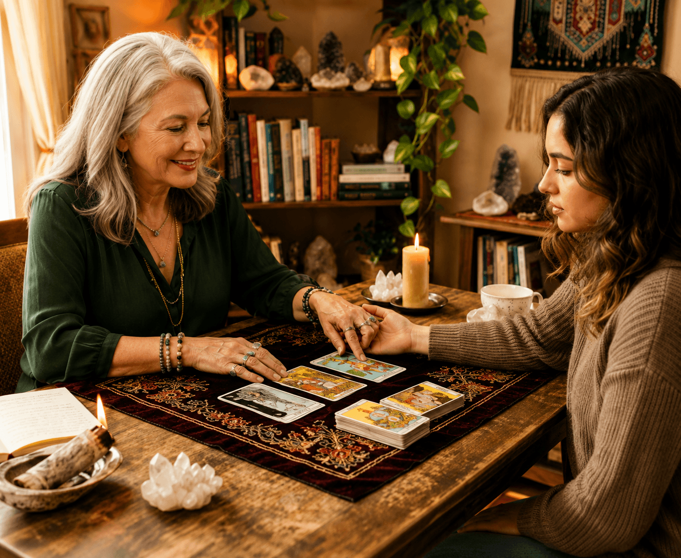 Tarot guidance session at a wooden table with crystals and candlelight
