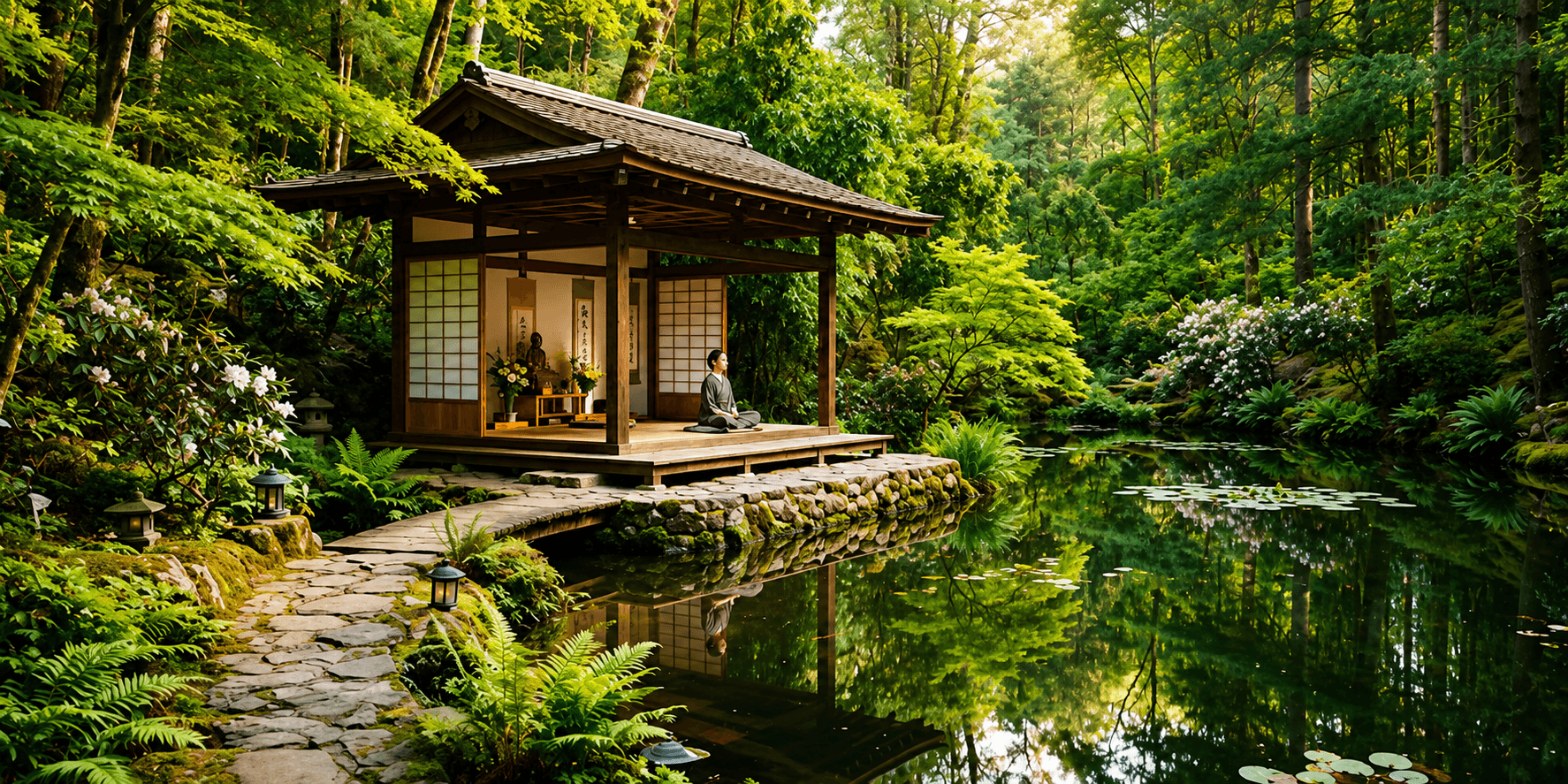 Serene Japanese sanctuary garden with lake and forest