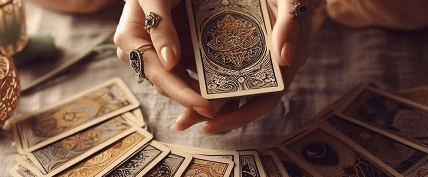 Hands holding a tarot card among a spread of cards