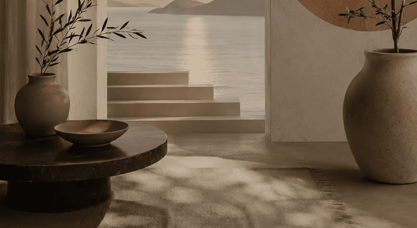 Serene interior with warm sunlight and earthy decor